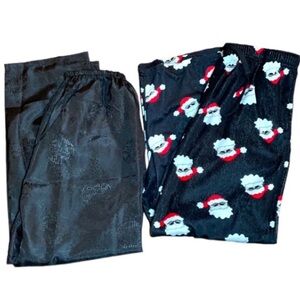 Loungewear PJ Pants Christmas Santa Holiday St Nick Silky Black Sleep Pants 2 Pr